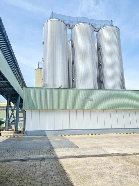 Top view of three tanks at the Pathum Thani brewery in Thailand